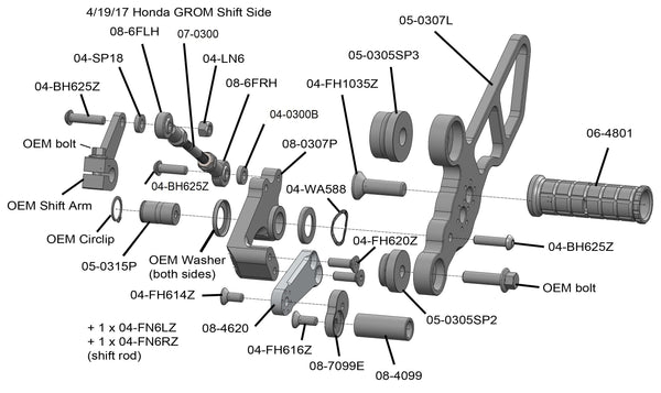 05-0307B Honda Grom  2014-20 Complete Rearset Kit w/ Pedals - STD/GP Shift - Woodcraft Technologies